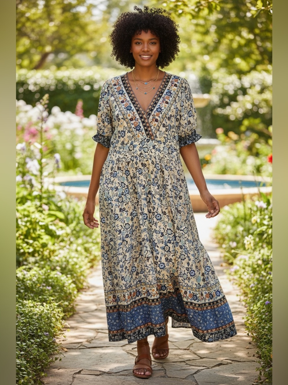 BloomChic Floral Maxi Dress with Blue and Cream Print Size 14/16